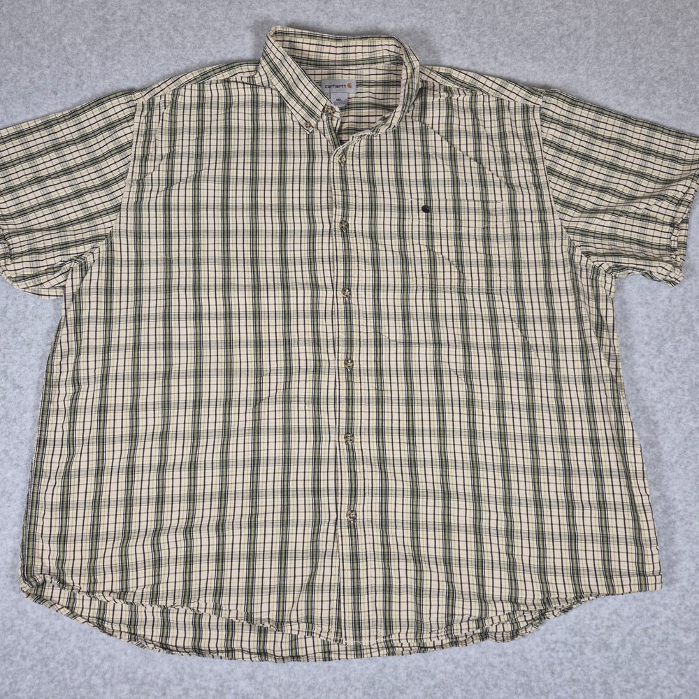 Carhartt Button Down Shirt Mens 4XL Beige Plaid Short Sleeve Cotton Workwear